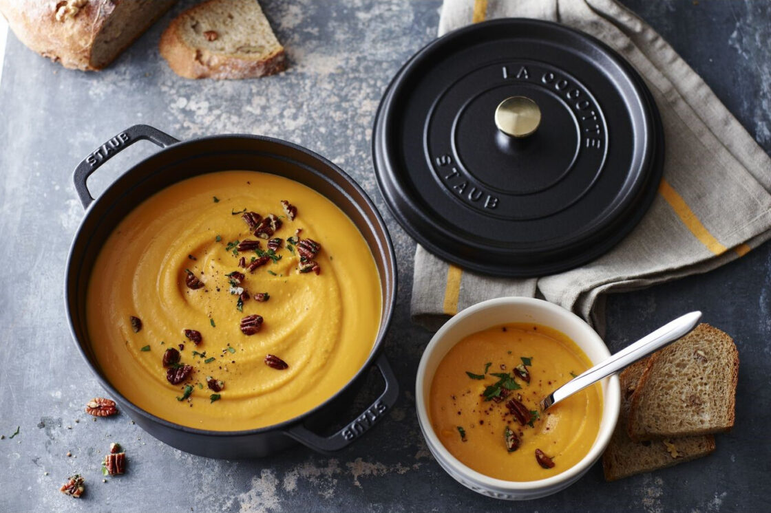 Butternut squash soup in a Staub Cocotte, Dutch Oven. Enamel coated cast iron is another great choice for at home healthy cooking and is oven safe.
