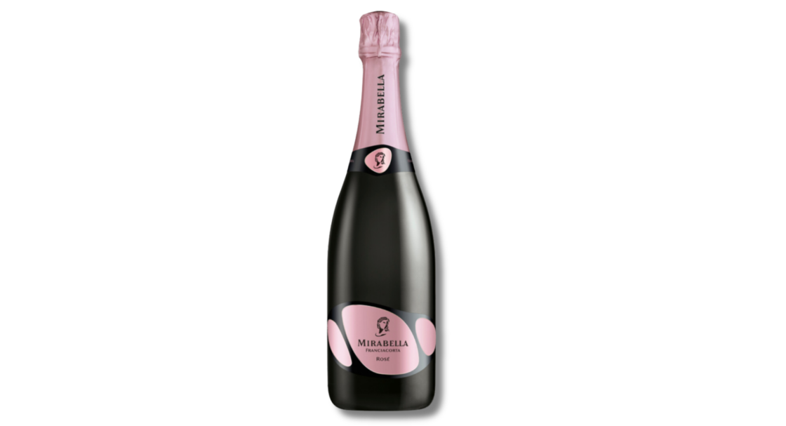 image: single bottle of Mirabella sparkling summer wine on white background.