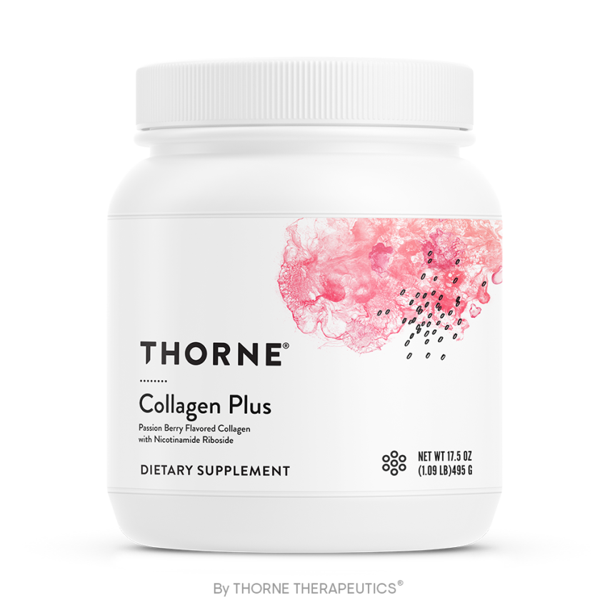 Thorne's collagen supplement are collagen peptides sourced from bovine collagen. Image of Thorne's collagen peptides, Collagen Plus. Like other collagen powders you mix it into water, juice or smoothie.