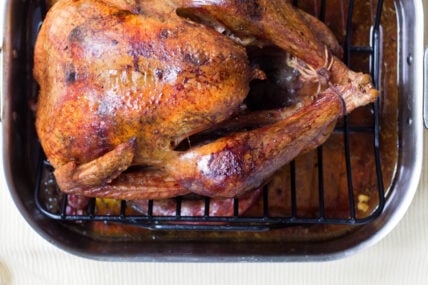 image of a whole turkey in a roasting pan. What are the pros and cons of brining a thanksgiving turkey?