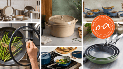 Collage of several images of cookware included on Organic Authority's guide to the 9 best non-toxic cookware options in 2027, including Caraway Home, Misen, Our Place, and more.