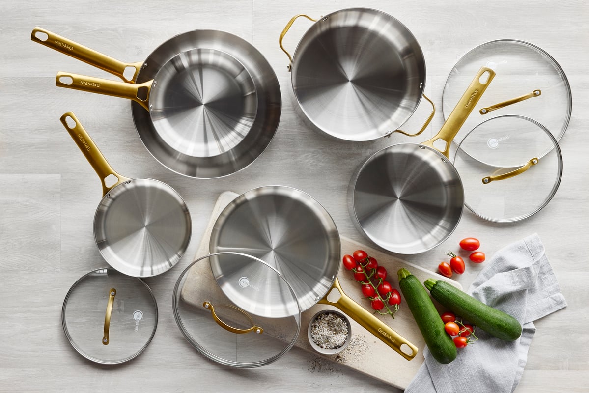 Image of the GreenPan Reserve Stainless Steel 10-piece set.