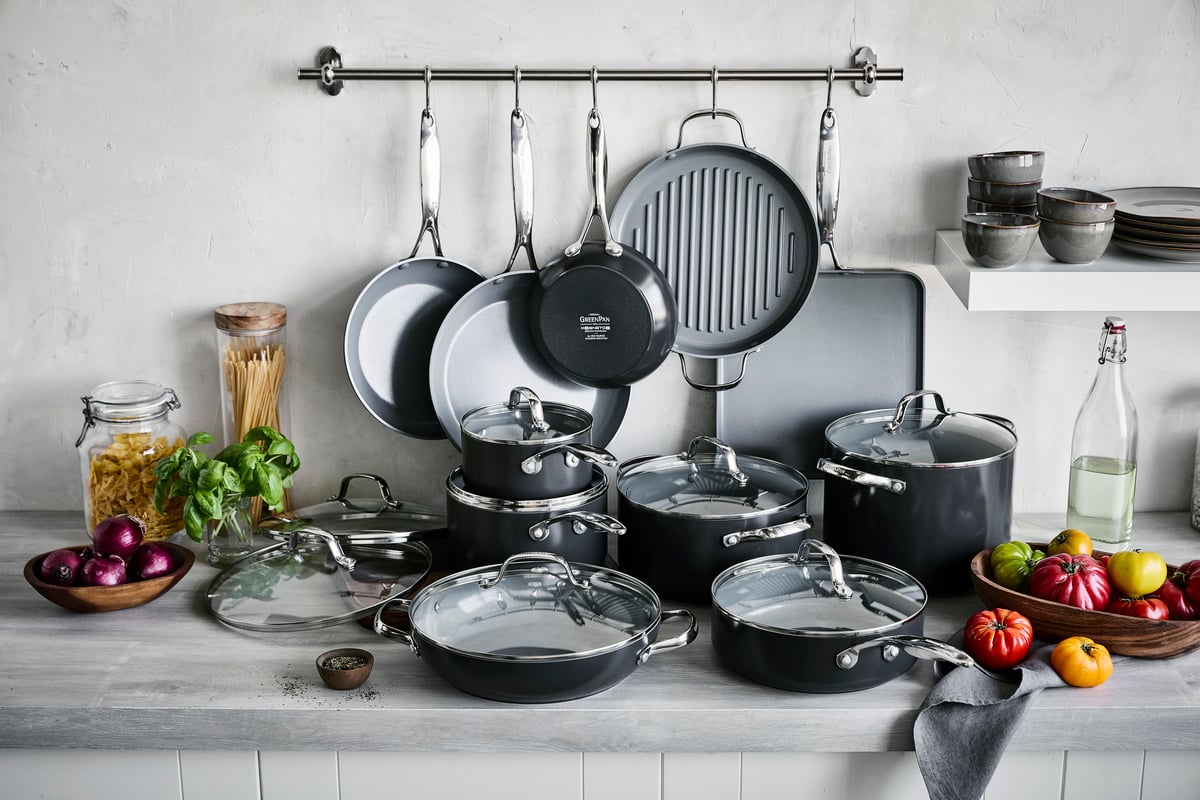Image of the GreenPan Valencia Pro Ceramic Nonstick 19-piece set displayed in a kitchen.