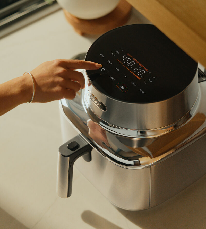 Image of the touch screen on the Cosori Iconic Air Fryer, shot from above.