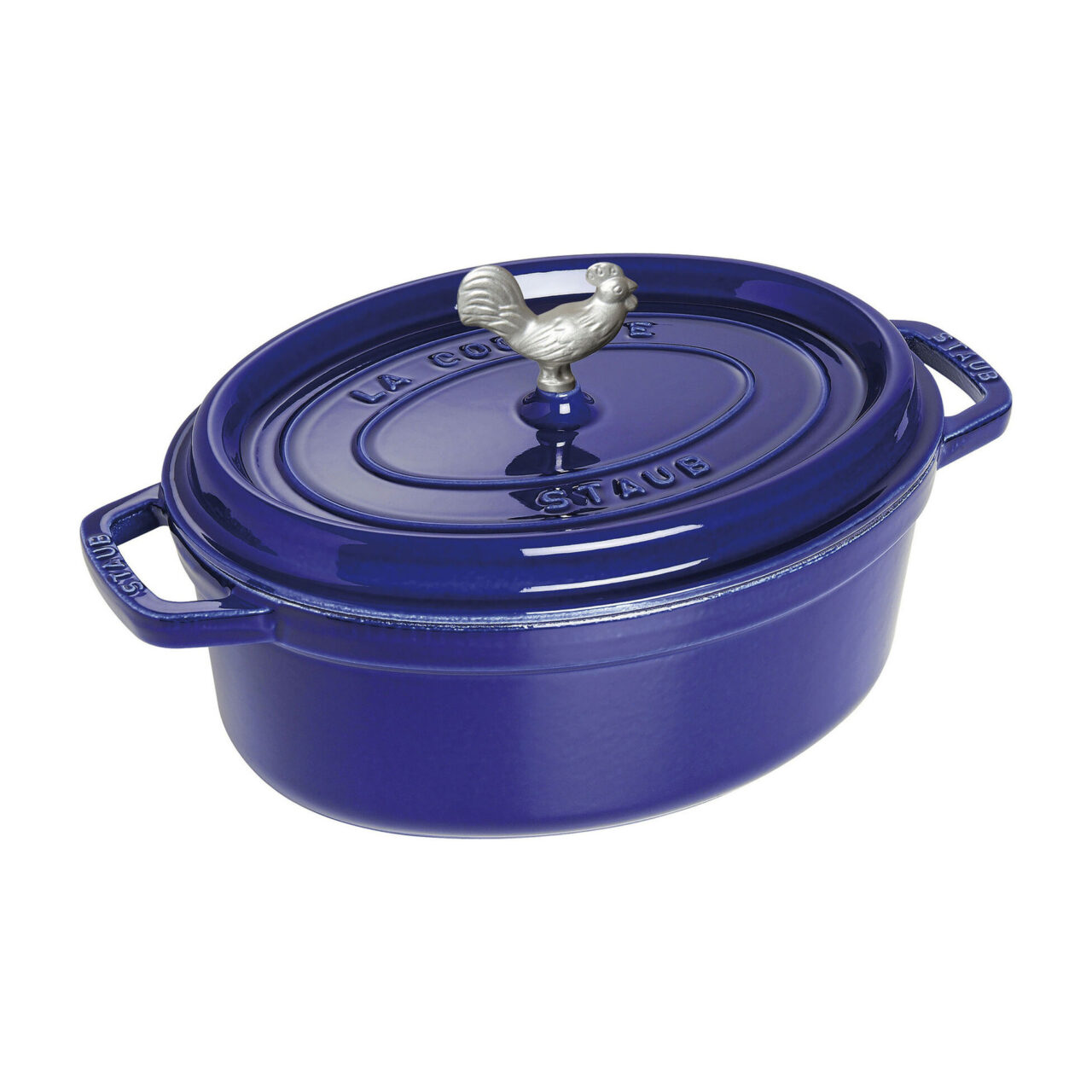 Image of a Staub oval Coq au Vin dish in dark blue.