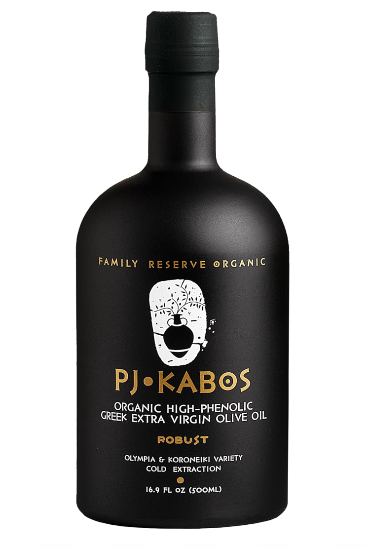 product shot of PJ Kabos polyphenol-rich olive oil in a dark bottle