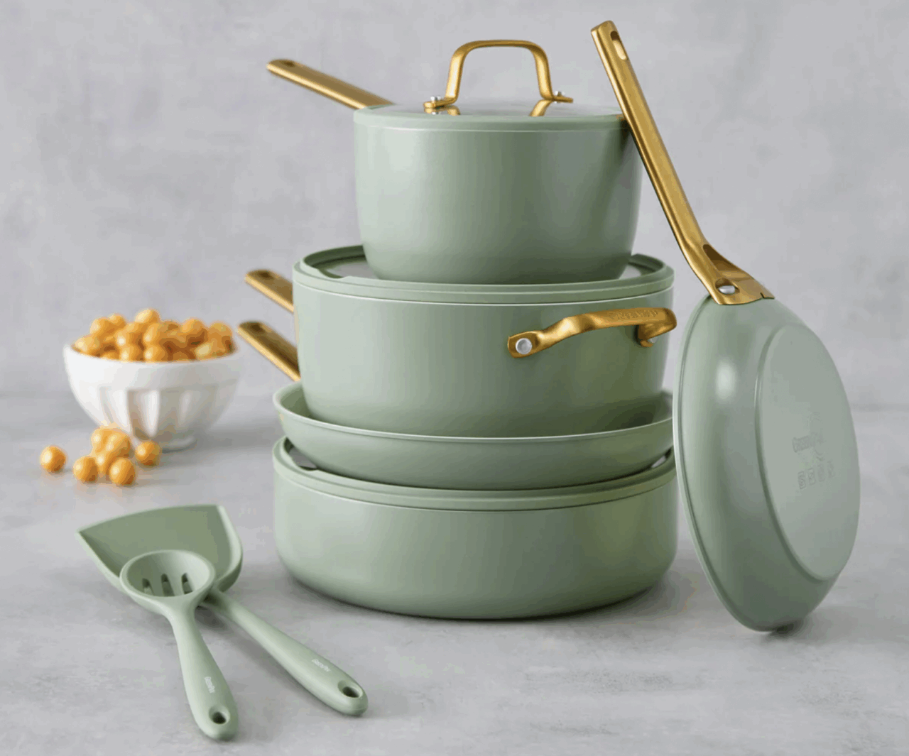 Image of GreenPan's Reserve Pro Ceramic Nonstick 10-piece set in Sage.