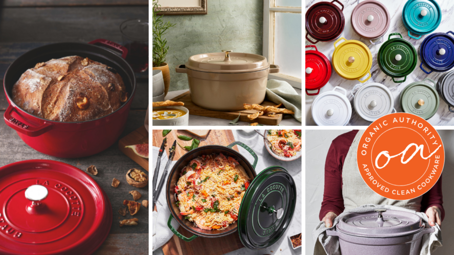 Collage of several images of the Staub Round Cocotte in various colors, with the Organic Authority seal laid over it.