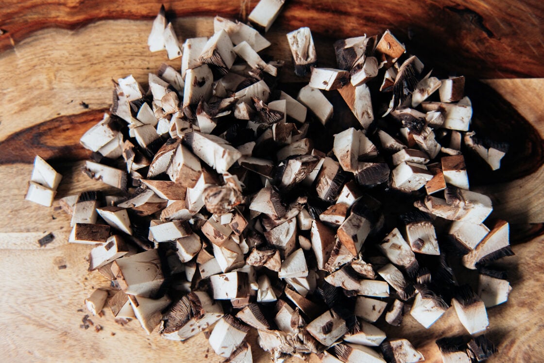 image of chopped mushrooms for vegetarian shepherd's pie recipe