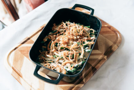 fresh green bean casserole with gluten-free-fried onions.