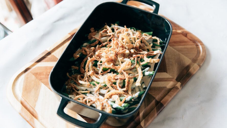 fresh green bean casserole with gluten-free-fried onions.