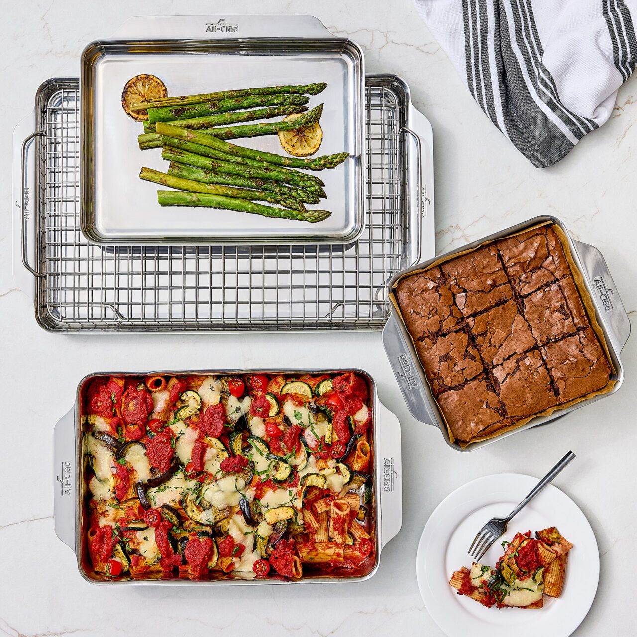 Overhead image of All-Clad stainless steel bakeware set of 5.