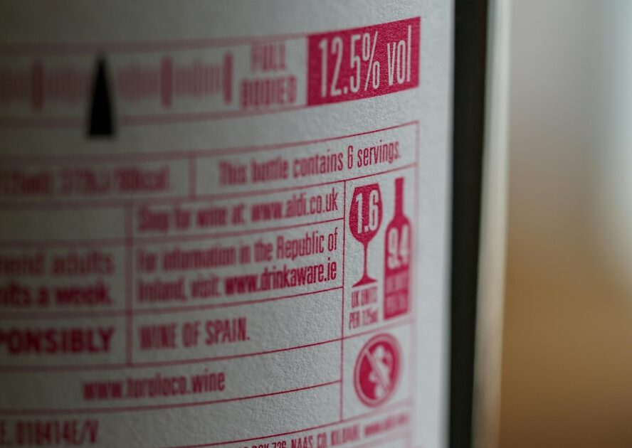 Close-up image of a wine bottle's label with nutritional facts and alcohol content outlined.