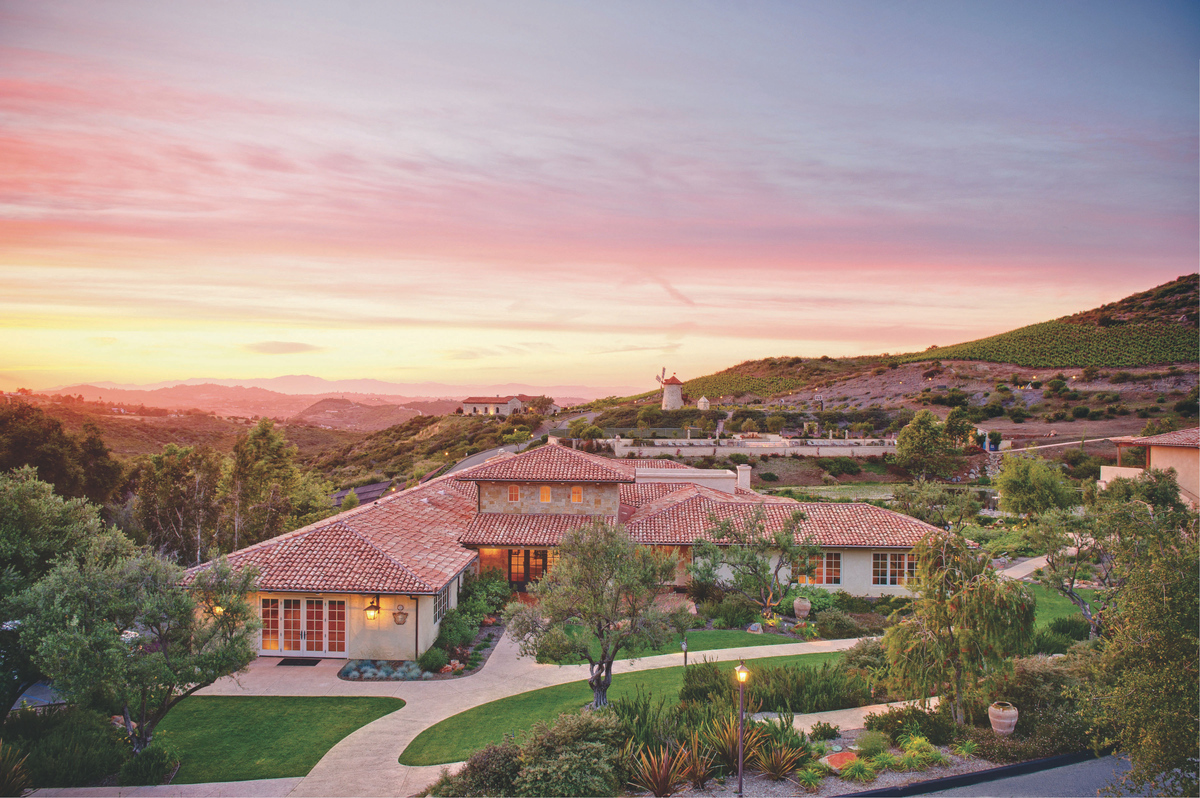 Image of the Cal-a-Vie Health Spa, California residences from above at sunset.