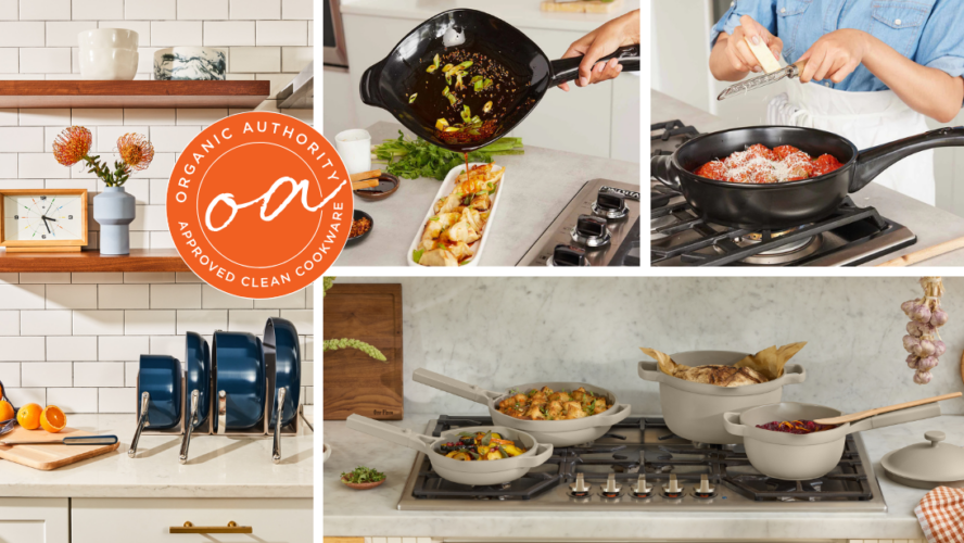 Image of a collage of several ceramic nonstick cookware brands, including Our Place, Xtrema, and Caraway.