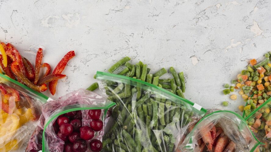 Image of several open Ziploc bags overflowing with frozen vegetables and fruit onto a white counter.