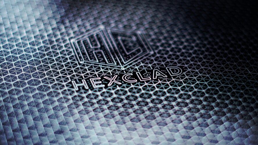 Close-up image of a HexClad pan with the logo and the classic HexClad pattern.