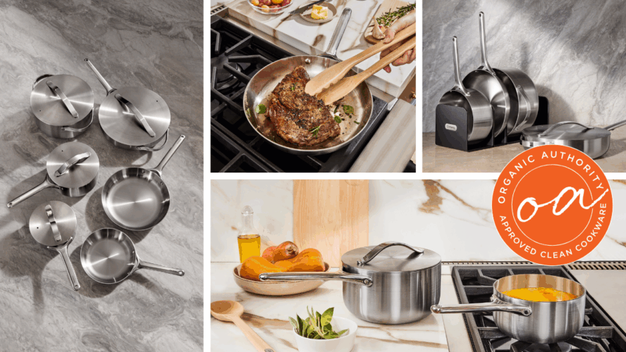 A collage image of Caraway Stainless Steel cookware pieces in a variety of contexts, from searing a steak to reducing sauce.
