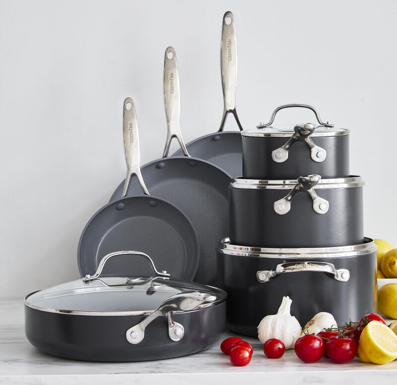 Image of the GreenPan Valencia Pro 12-piece set stacked in a kitchen.