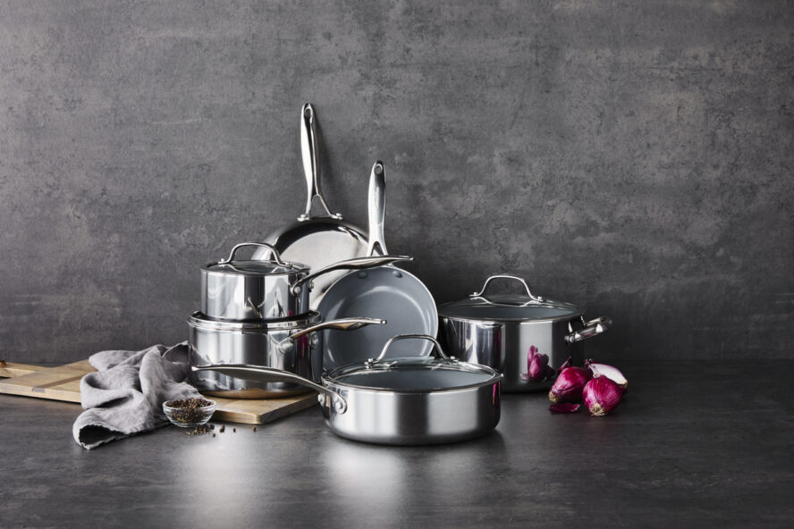 Image of the GreenPan Valencia Pro 10-piece set in stainless steel.