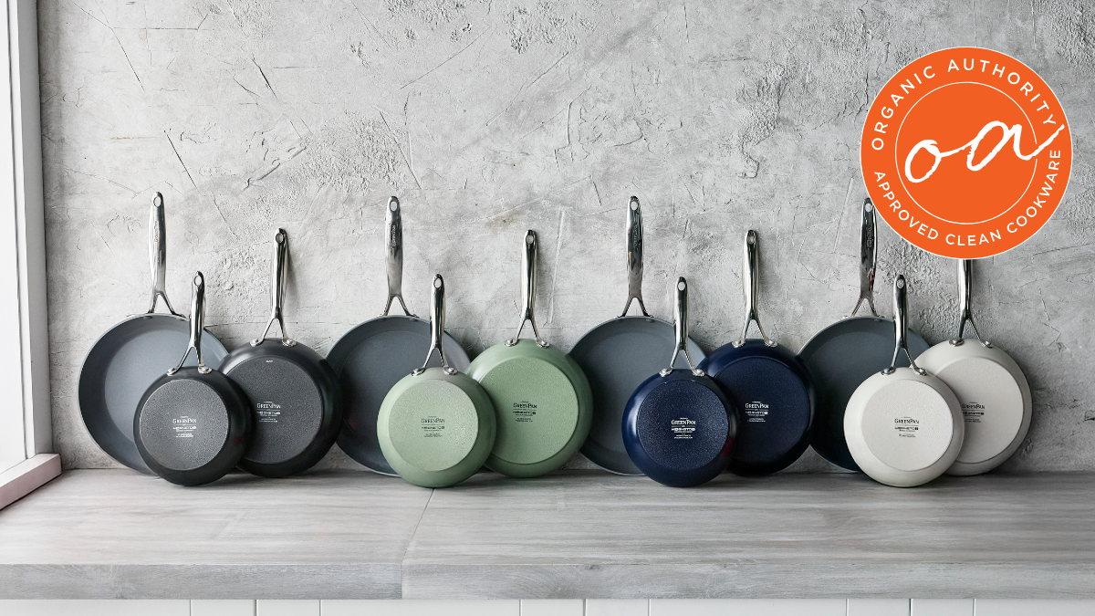 Image of the GreenPan Valencia Pro 3-piece sets in sage, Oxford blue, cream displayed in a row.