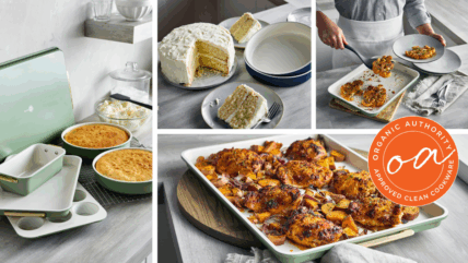 A collage image of several photos of the GreenPan Reserve bakeware collection in use, roasting chicken and squash and baking cakes.