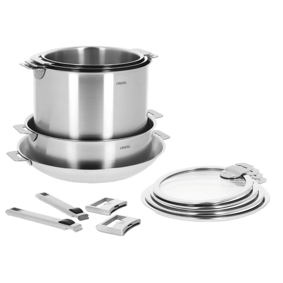 Image of the Cristel stainless steel 13-piece set, showcasing the many detachable pieces that make this set so innovative.