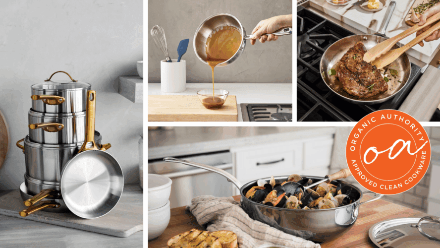 Collage image of several cookware sets that are included in our round-up of the best stainless steel cookware sets in 2025.