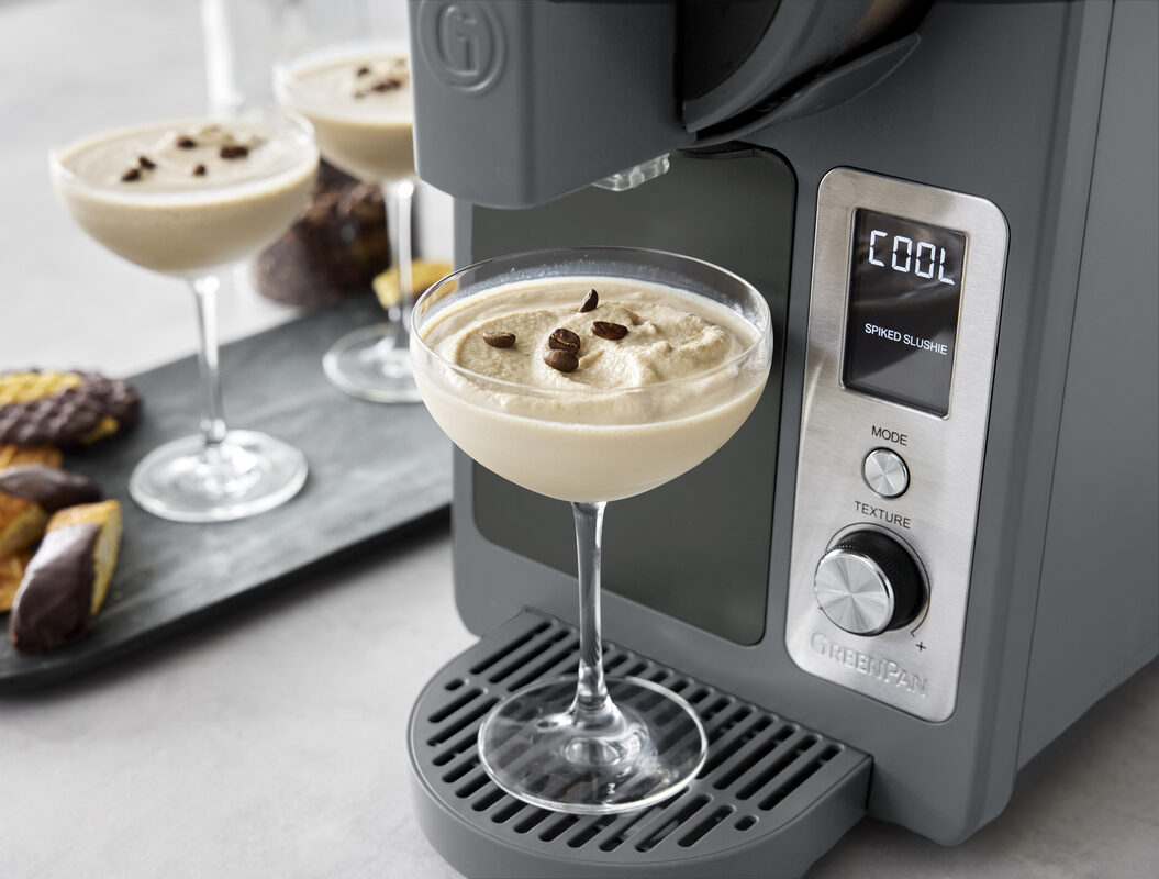 Image of the GreenPan Frost Pro in Licorice, shown close-up to create a creamy frozen espresso martini cocktail.