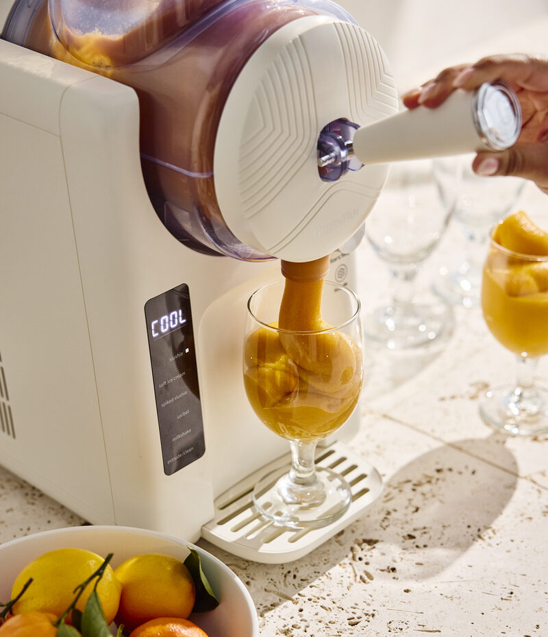 Image of the GreenPan Frost in Cream being used to make a fresh fruit sorbet.