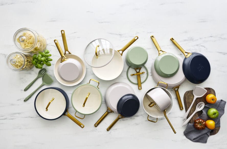 Image of an overhead view of different pieces of GreenPan Reserve Pro  non-toxic cookware pieces on a marble countertop