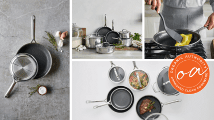 Collage image of several photos of GreenPan Spectra pieces in various kitchens and in use.