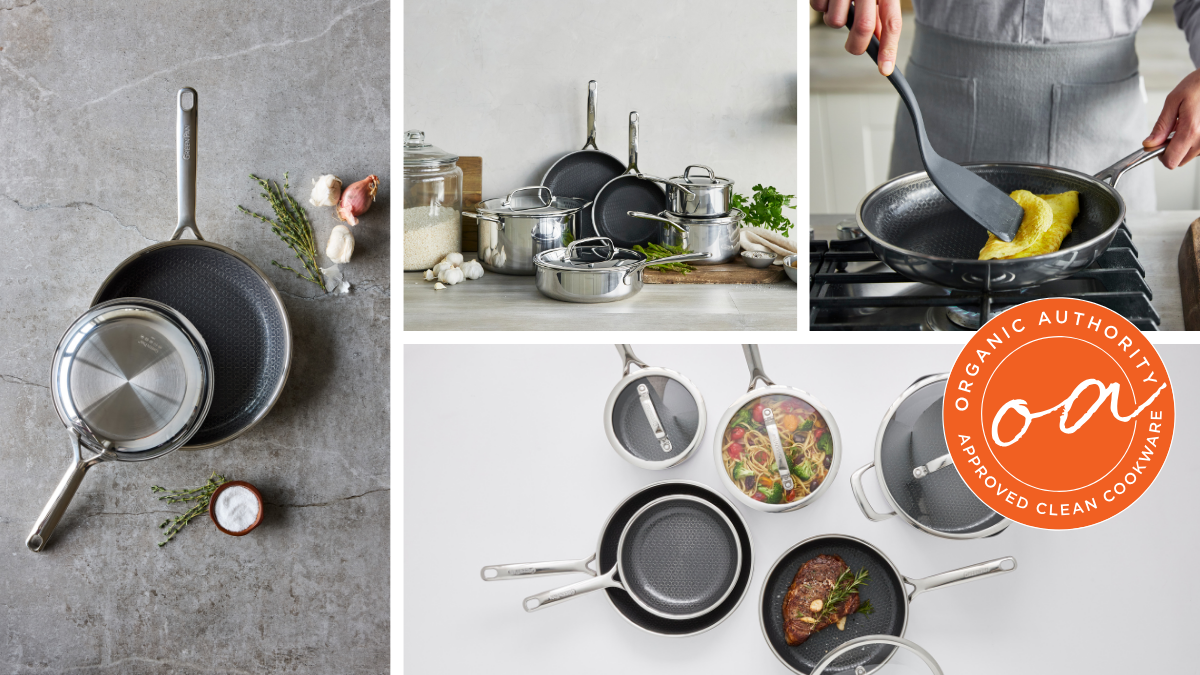 Collage image of several photos of GreenPan Spectra pieces in various kitchens and in use.