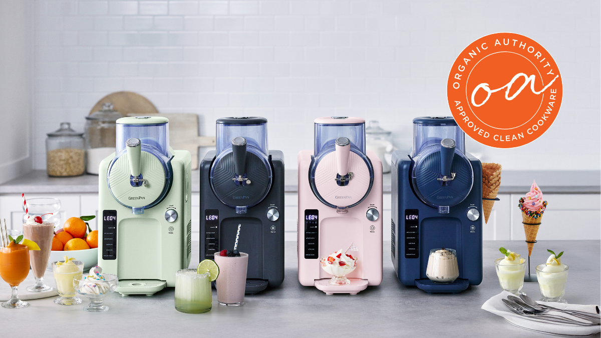 Image of four GreenPan Frost ice cream makers displayed in a row and surrounded by frozen treats.