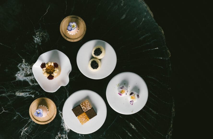 Image of several small plates of desserts from Auro, the Michelin-starred restaurant in the Four Seasons Napa Valley.