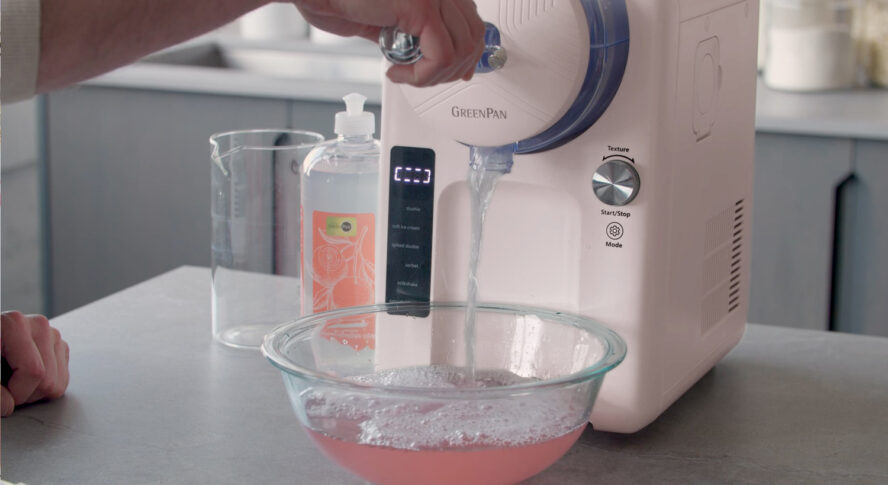 Image of the GreenPan Frost ice cream maker in the pink colorway, Cotton Candy.