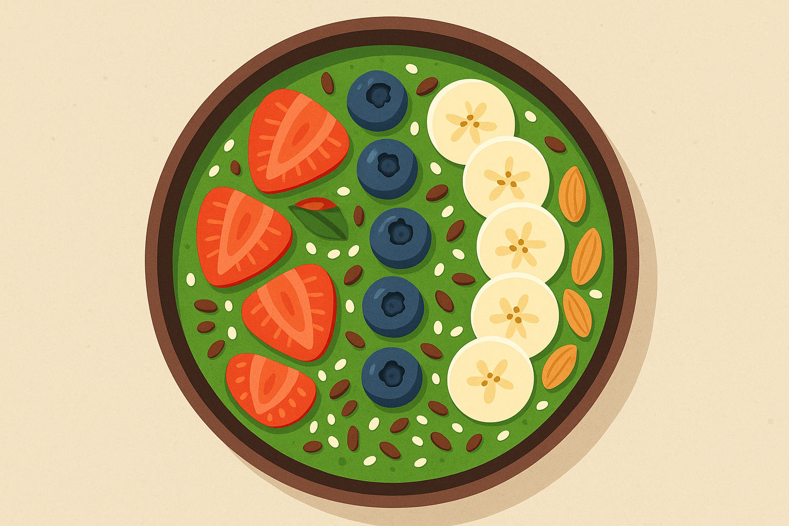 Green smoothie bowl topped with fresh fruits and seeds