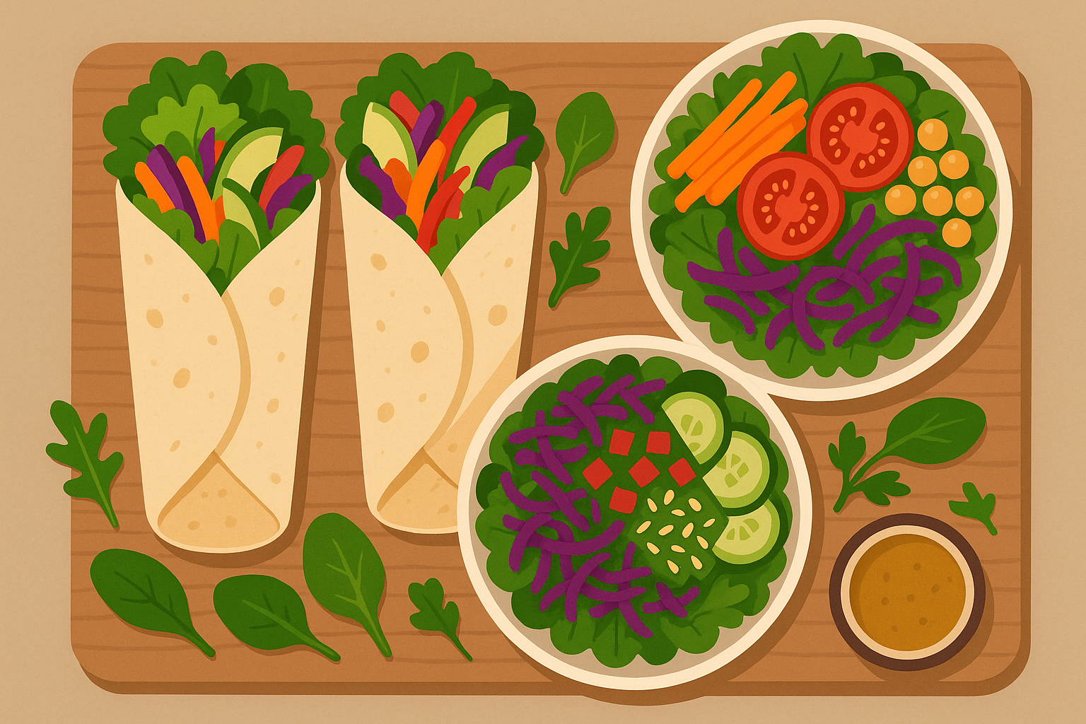 Colorful vegetable wraps and salads