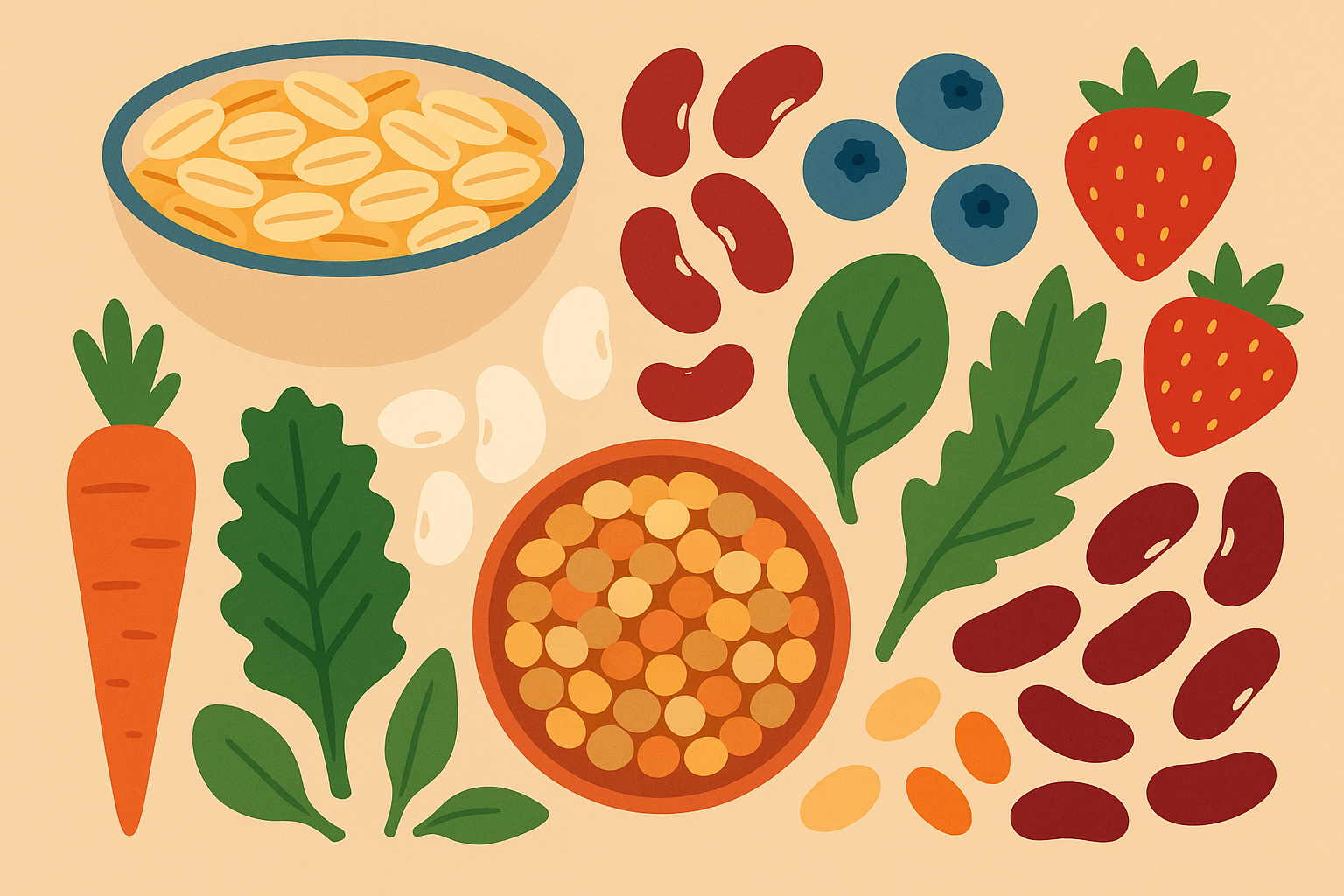 High-fiber foods arranged on a wooden table