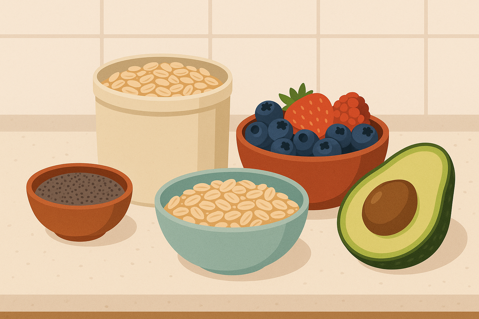 High-fiber breakfast ingredients including chia seeds, oats, and berries
