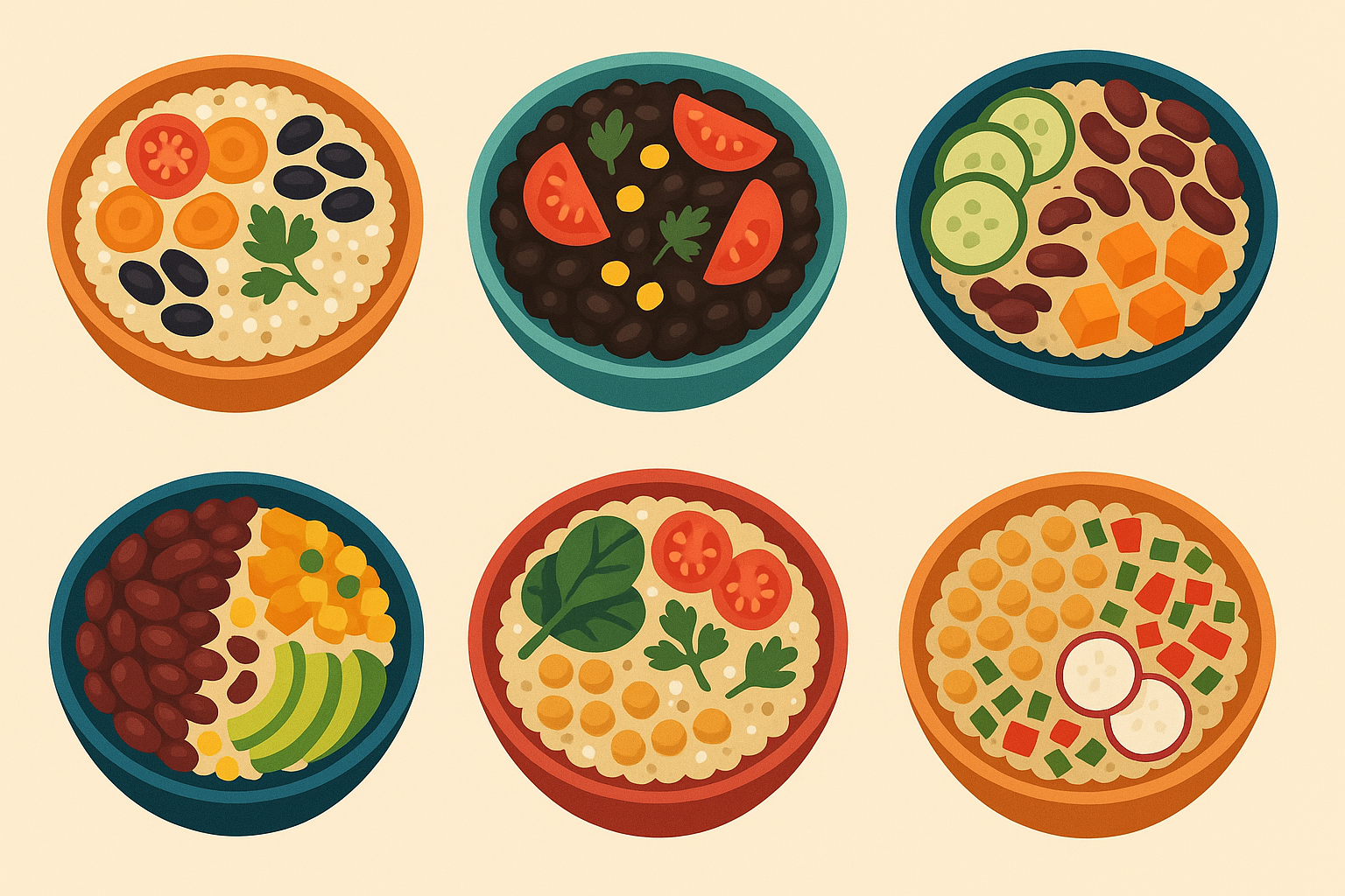 Hearty grain and legume bowl combinations