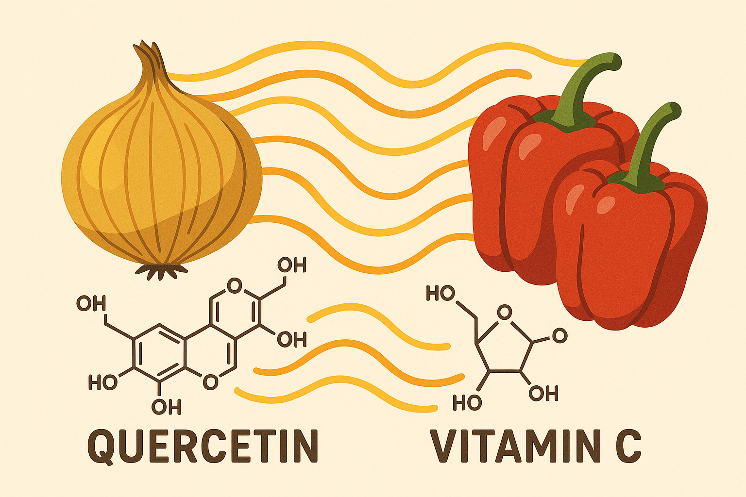 Yellow onions and red peppers showing food synergy