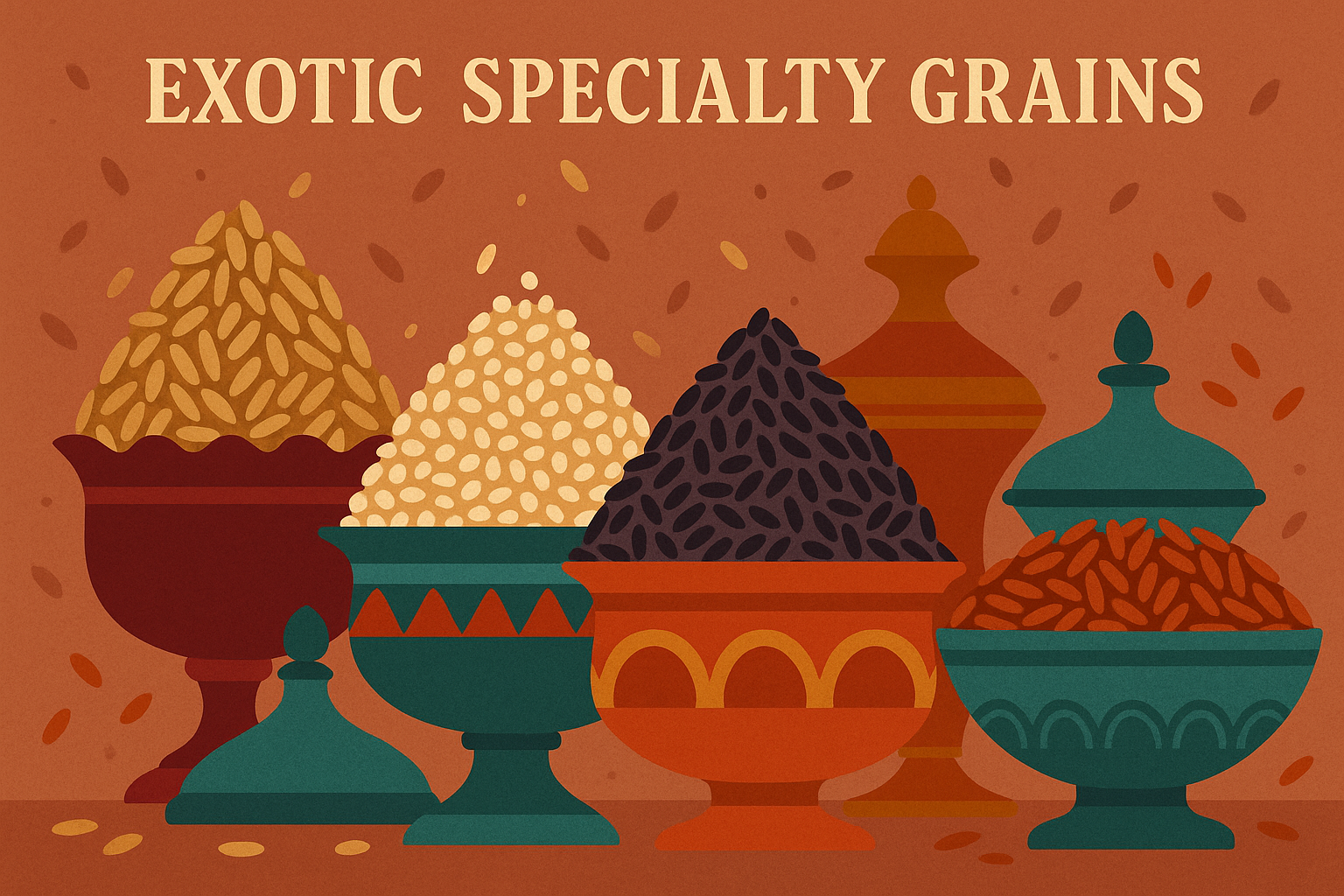 Exotic specialty grains in small bowls