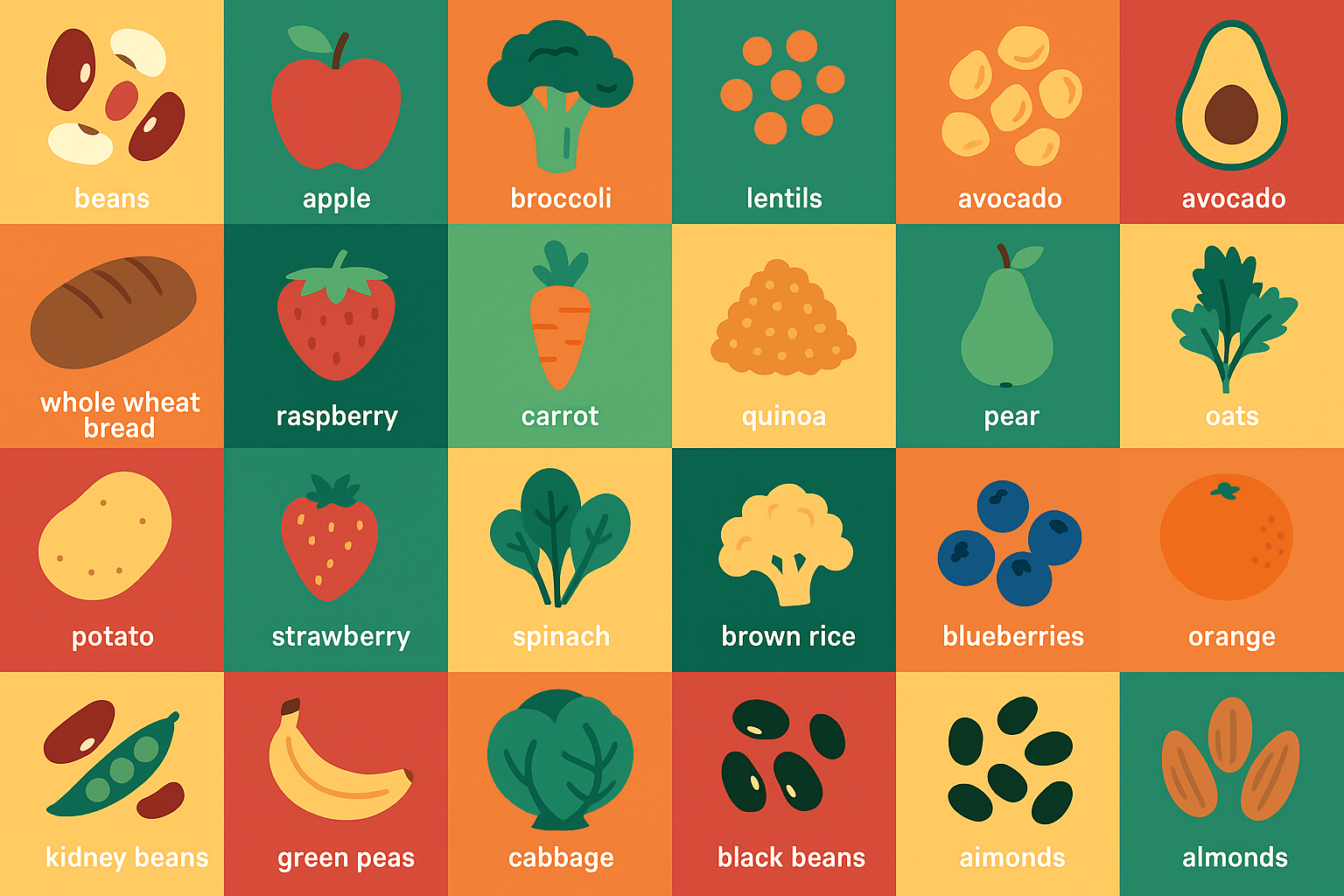Variety of high soluble fiber foods arranged by category