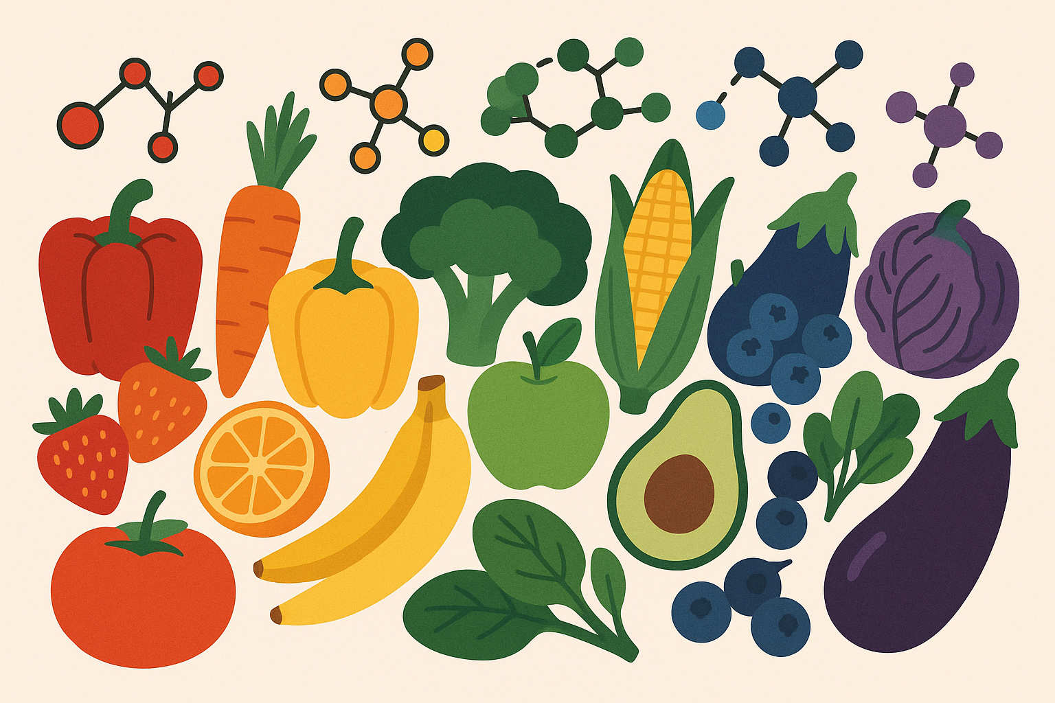 Colorful fruits and vegetables arranged by rainbow spectrum