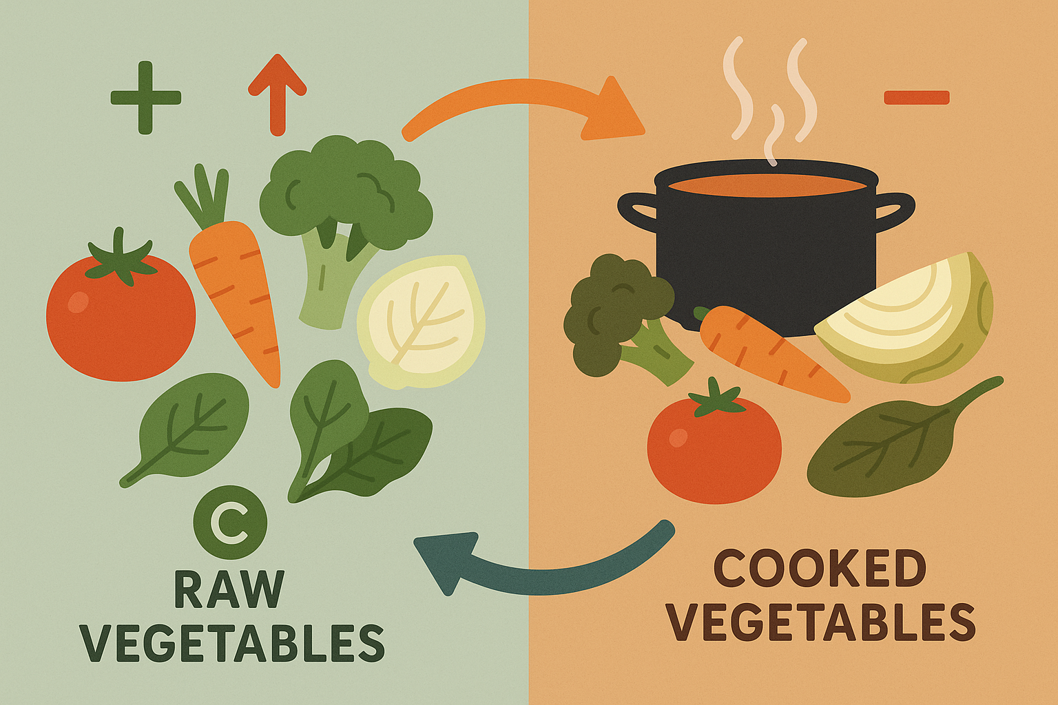 Cooked and raw vegetables showing preparation methods
