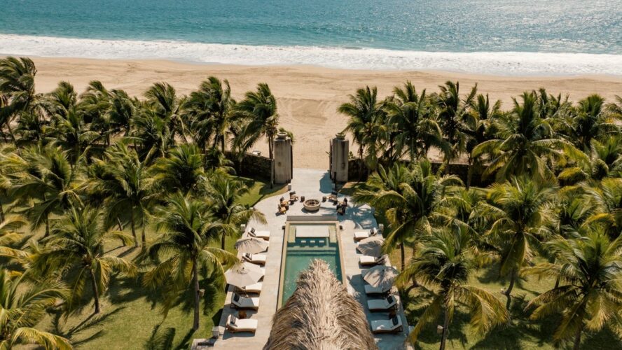 Drone image of ZihFit in Zihuatanejo, Mexico from above showcasing a forest of palm trees and a pool with the beach in the distance.