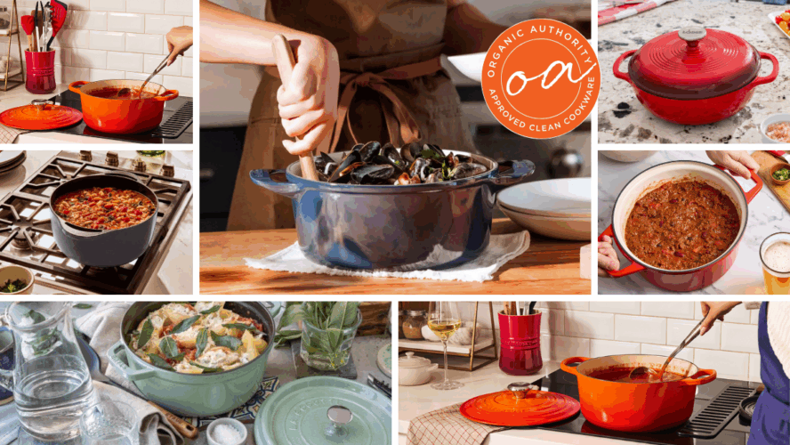 Collage of several photos of colorful Dutch ovens from brands like Staub, Misen, and Caraway, with the orange Organic Authority stamp on top.