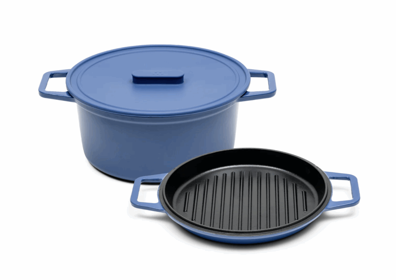 Image of the Misen 2-in-1 Dutch Oven in classic blue, featuring the grill pan lid.