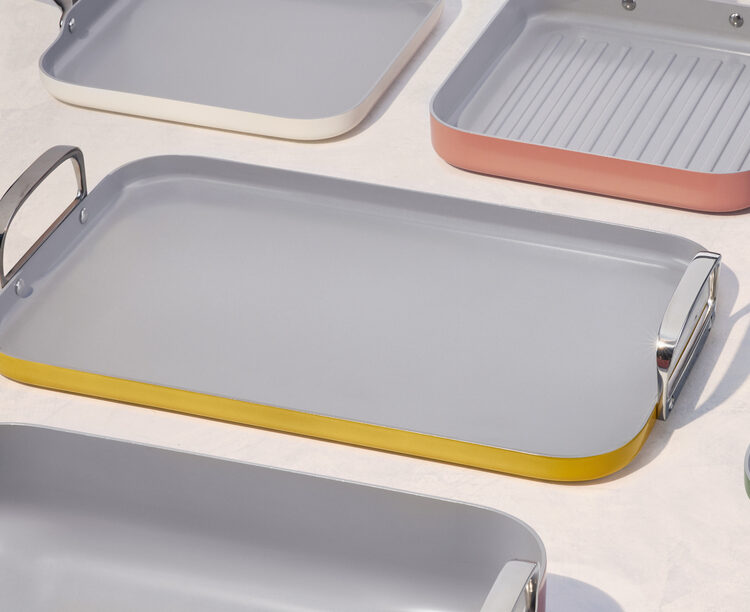 Image of the Caraway Double Burner Griddle in a cheery yellow color.